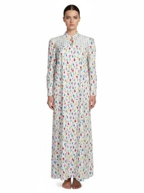 VTG 70s David Brown Saks Fifth Avenue White Floral 1/4 Zip House lounge Dress